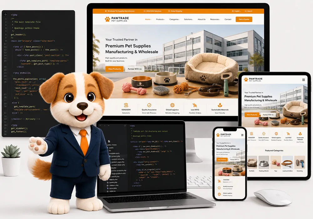 外贸Hugo宠物用品B2B网站搭建展示，包含WordPress PHP开发代码、工厂场景及电脑、平板和手机端响应式效果